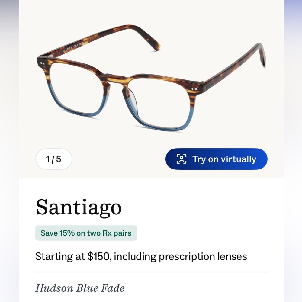 Warby Parker Brown Tortoise reading Glasses. 2-toned tortoise and blue. .75